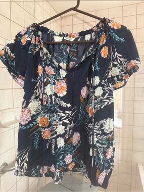 Floral Navy Off-Shoulder Blouse with Pink & Orange Blooms